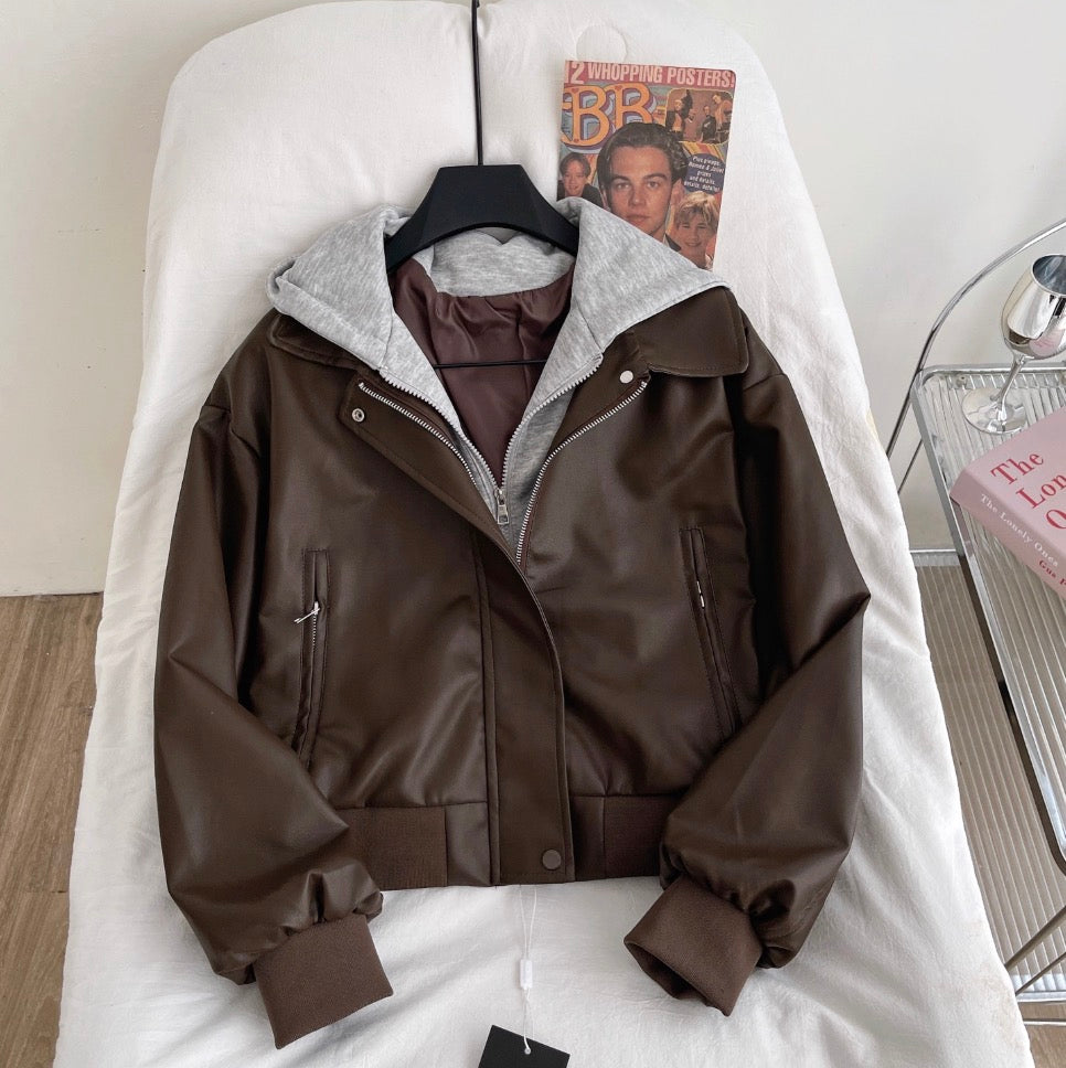 Faux Two-pieces Hooded PU Jacket - Image 2