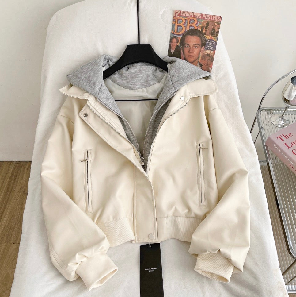 Faux Two-pieces Hooded PU Jacket - Image 4