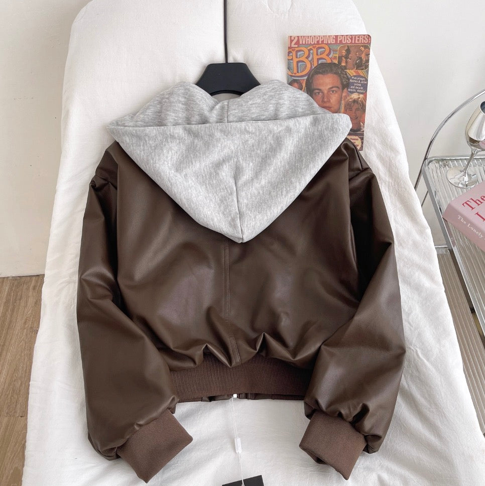 Faux Two-pieces Hooded PU Jacket - Image 3