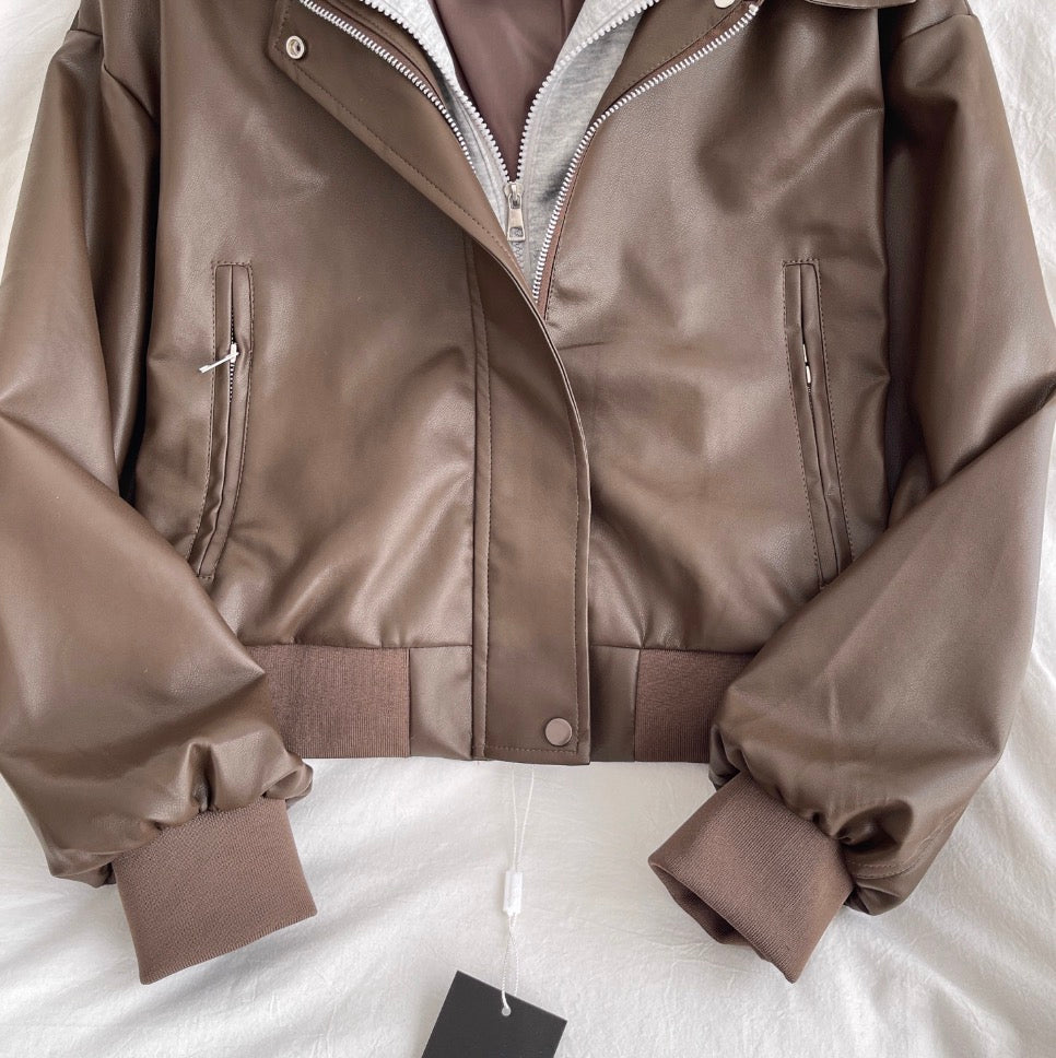 Faux Two-pieces Hooded PU Jacket - Image 7