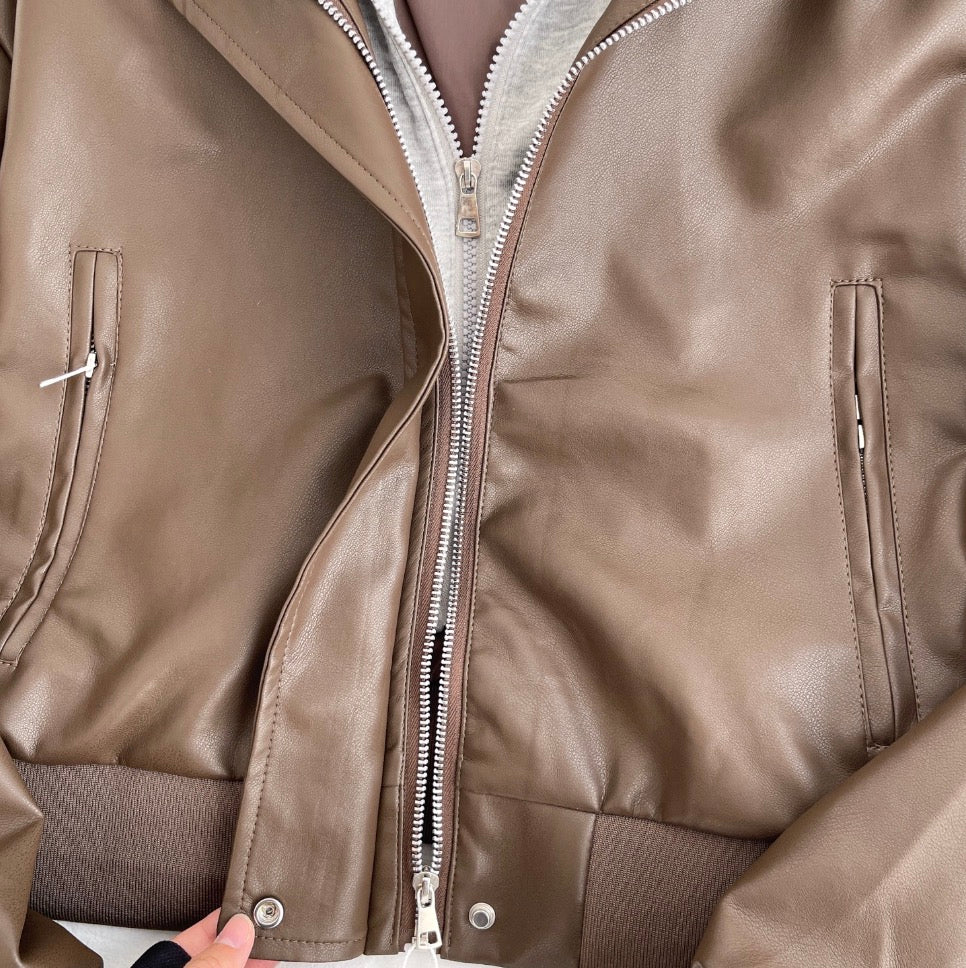 Faux Two-pieces Hooded PU Jacket - Image 9