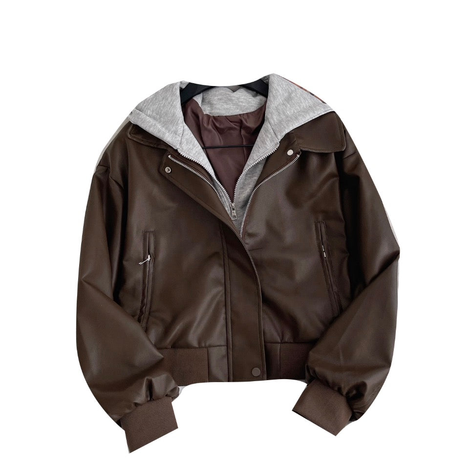 Faux Two-pieces Hooded PU Jacket - Image 10